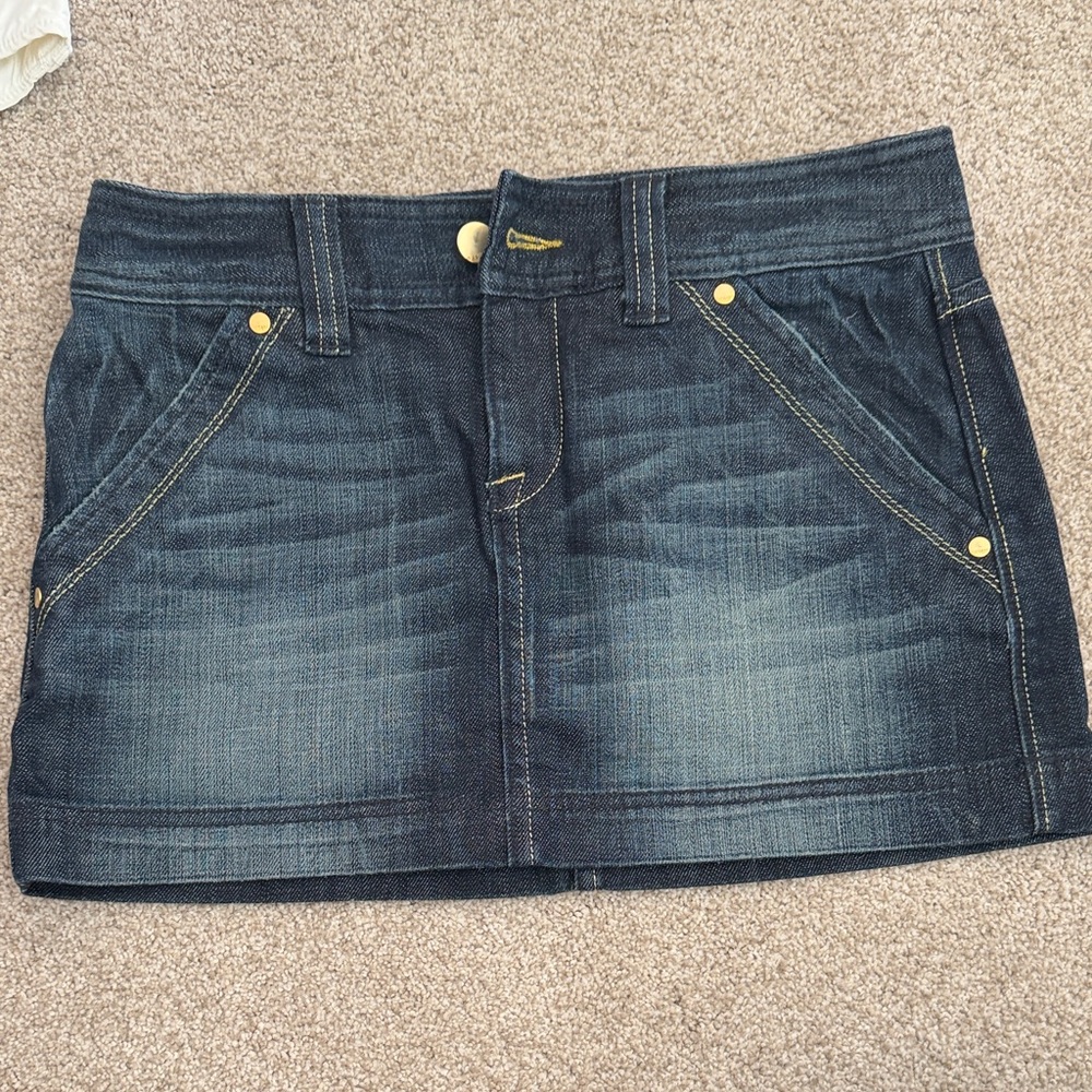 Express Dark Blue Denim Mini Skirt with Gold Rivet Accents